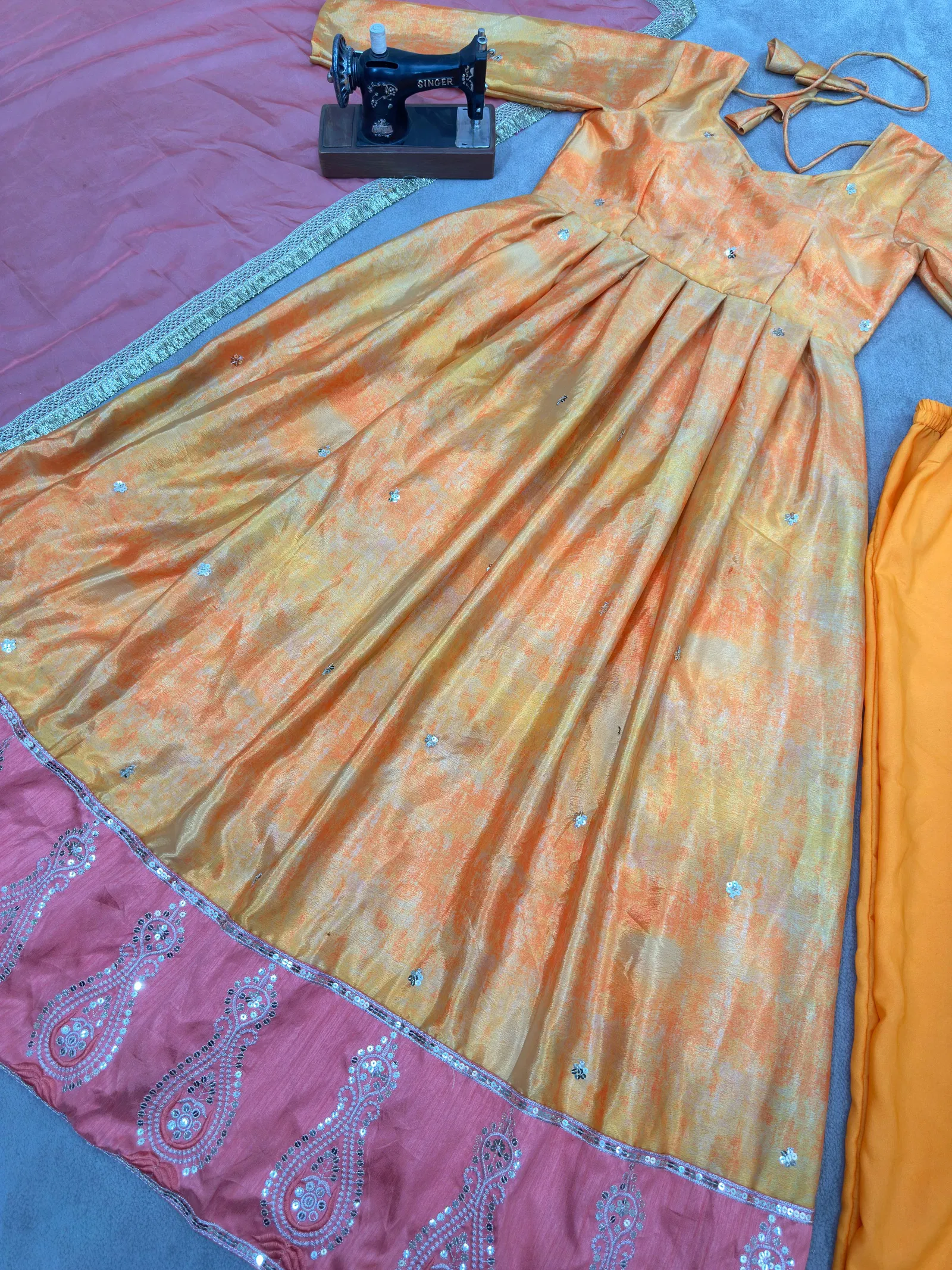 Dvd 5097 Chinon Silk  With Digital Print With Embroidery Gown Exporters In India
